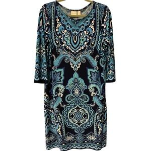 Chico’s Paisley Dress Size 1 (Medium) Blue 3/4 Sleeves Stretch Vacation